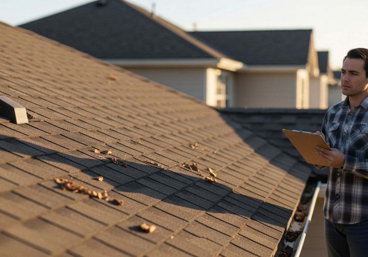 Homeowner inspecting an aging roof for early signs of damage and wear.