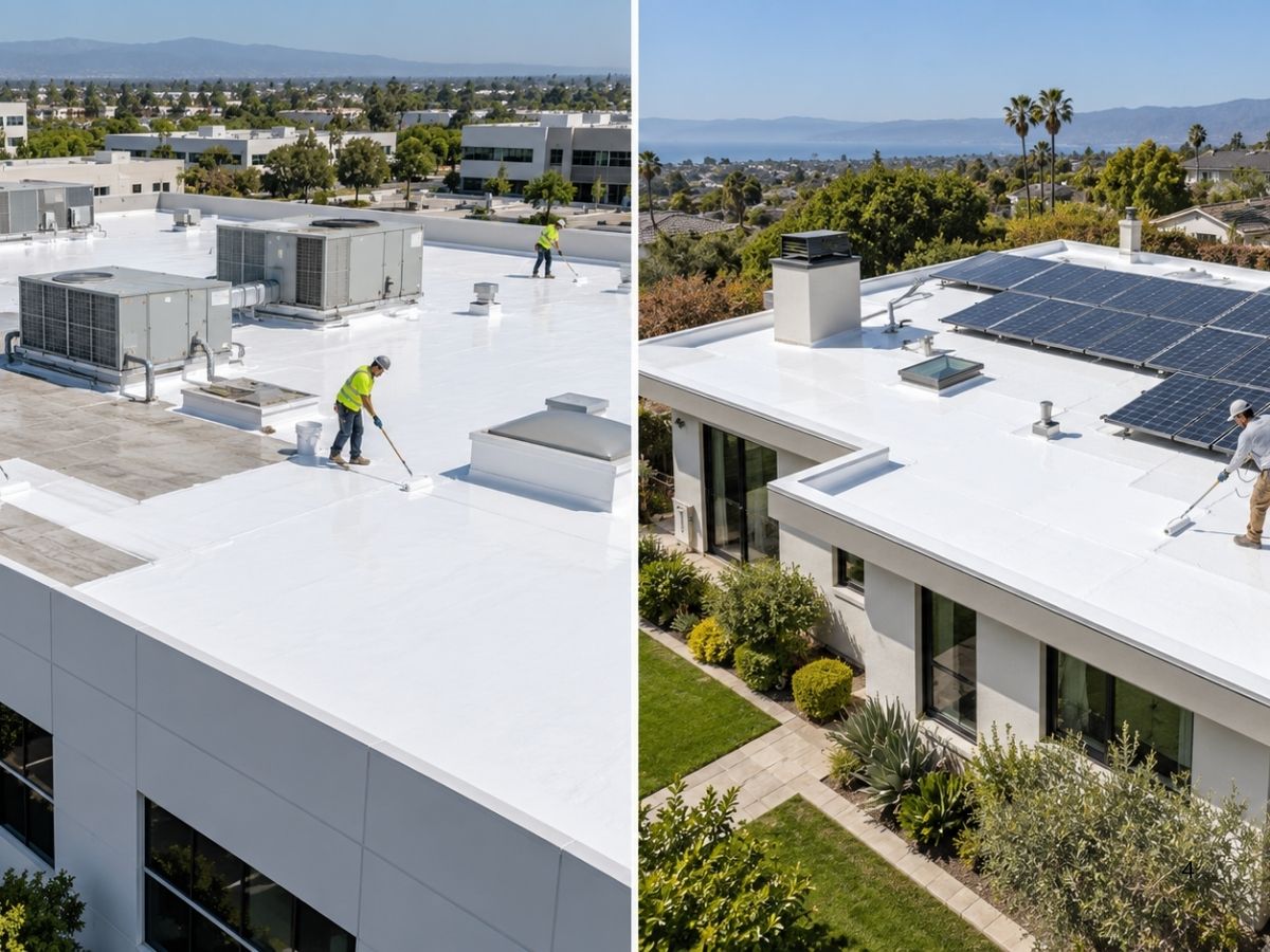 Commercial building and residential home using reflective roof coatings for protection and energy efficiency.