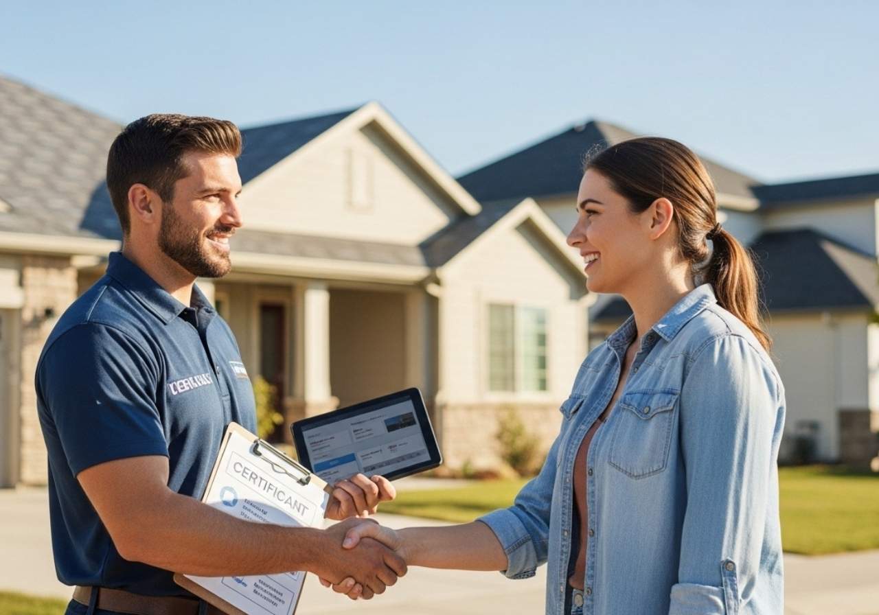 Certified roofing contractor sealing a deal with a homeowner in front of a new roof.