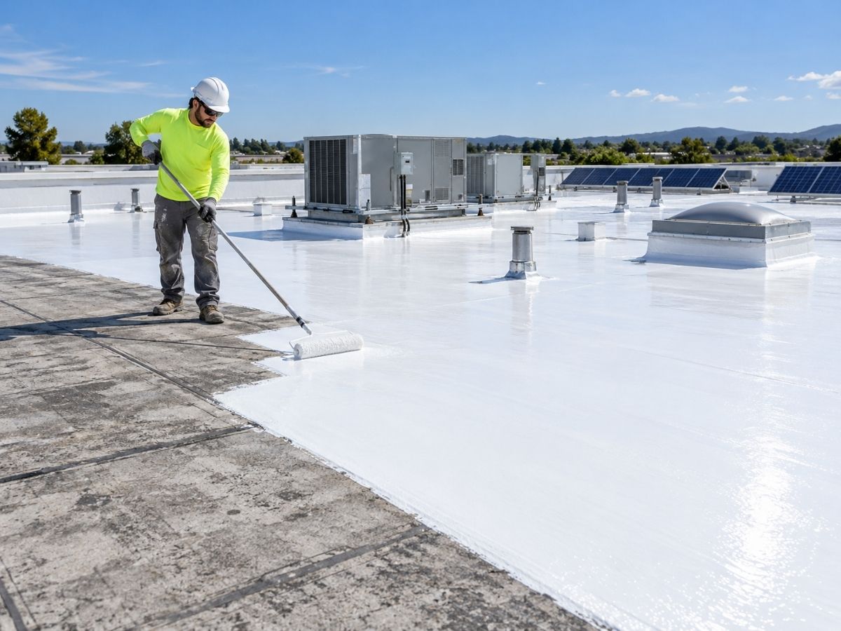 Professional roofer applying a reflective protective coating to a commercial flat roof.