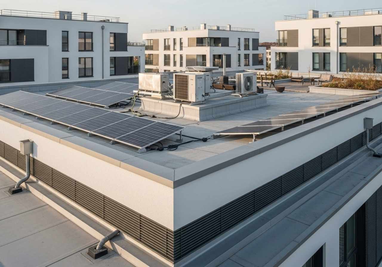 Modern flat roof with solar panels, HVAC units, and a rooftop patio, illustrating drainage-friendly design.