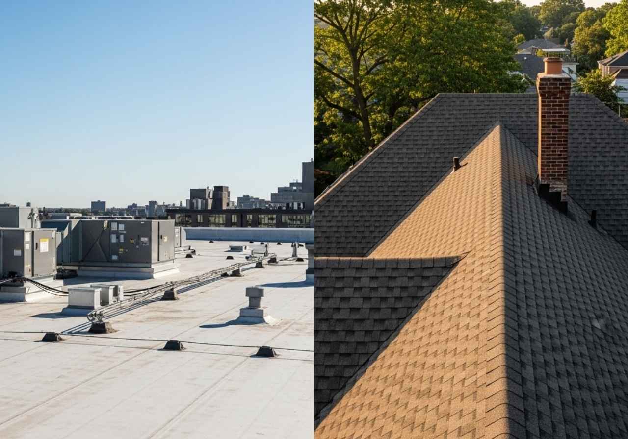 Comparison of a flat-roofed commercial building and a shingle-roofed residential home under clear skies.