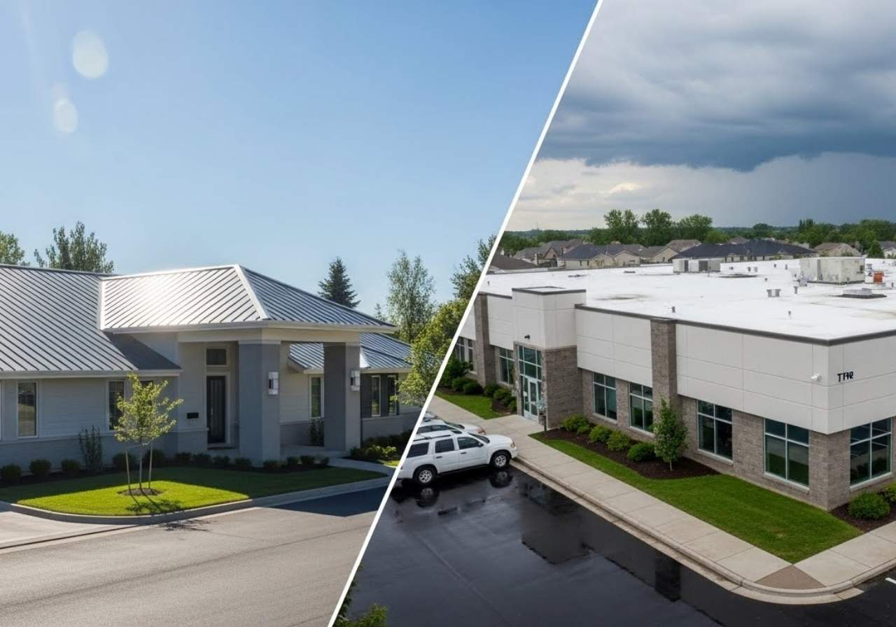 Durable roofing materials shown on a residential metal roof and a commercial TPO flat roof, highlighting long-term protection and value.