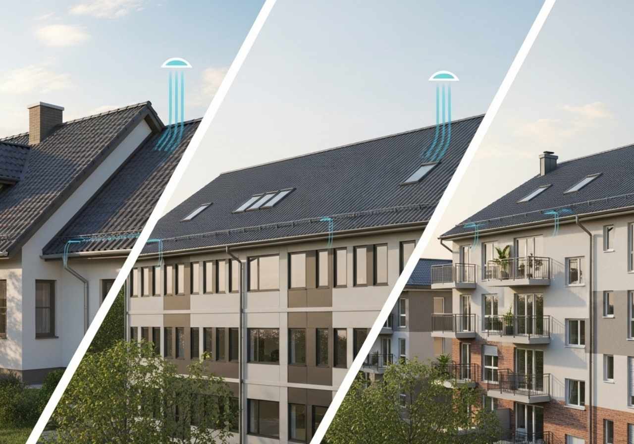Different roof drainage systems shown on a home, office building, and multi-family complex.