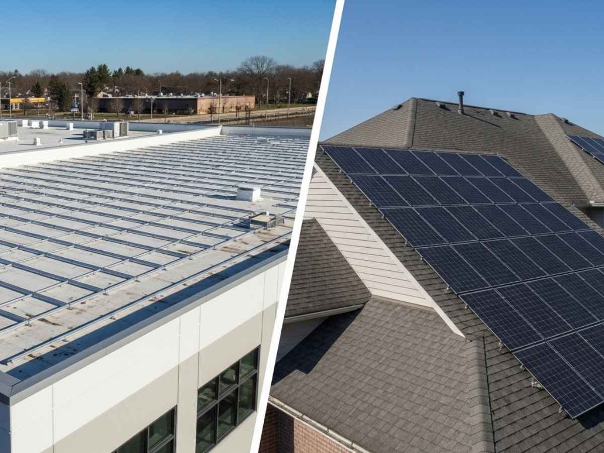 Comparison of flat commercial roof and pitched residential roof designed for solar panel installation.