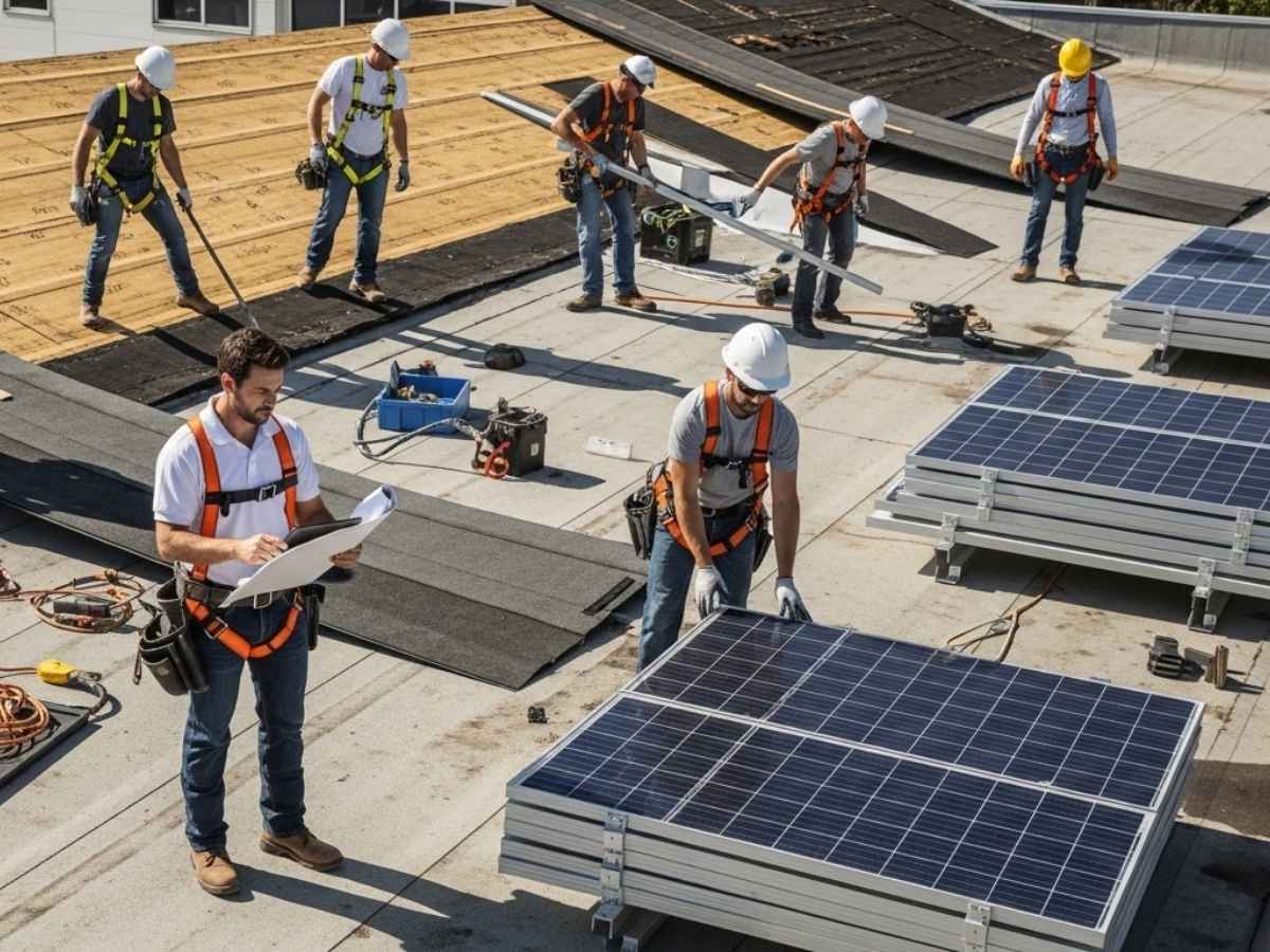 Roofing and solar crews coordinating panel removal and roof replacement on a commercial building.