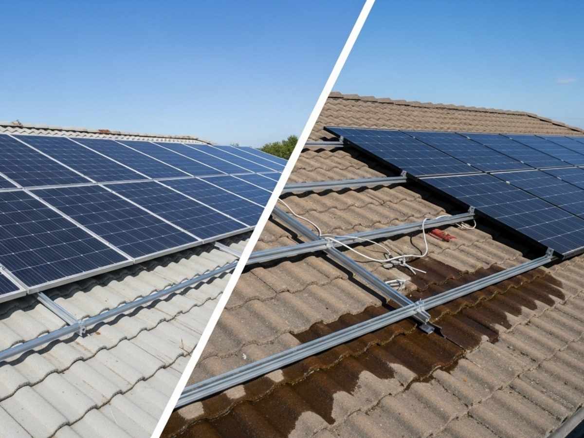 Split-view rooftop showing properly installed solar panels versus poorly installed panels causing roof damage.