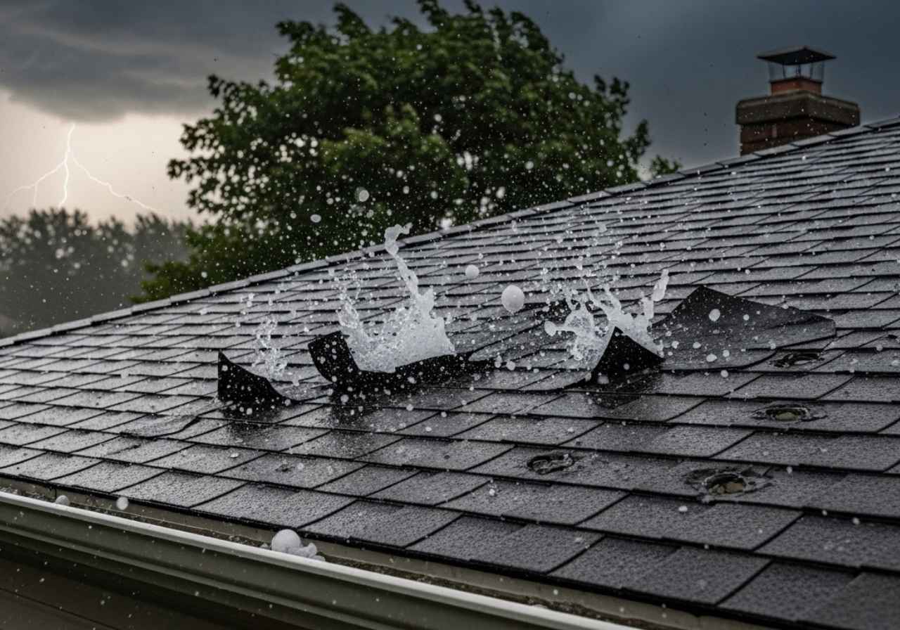 Storm damage to a residential roof during a hailstorm, with visible hail impact and strong winds.