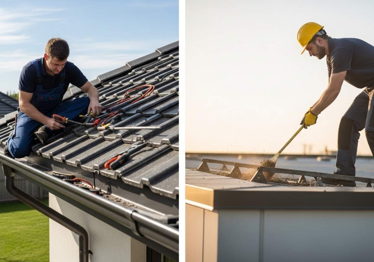 Contractor installing a modern roof drainage system with tools and safety gear, highlighting proper setup and maintenance.