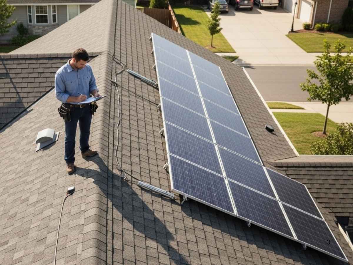 Roofing professional inspecting a residential roof to determine if it is ready for solar panel installation.