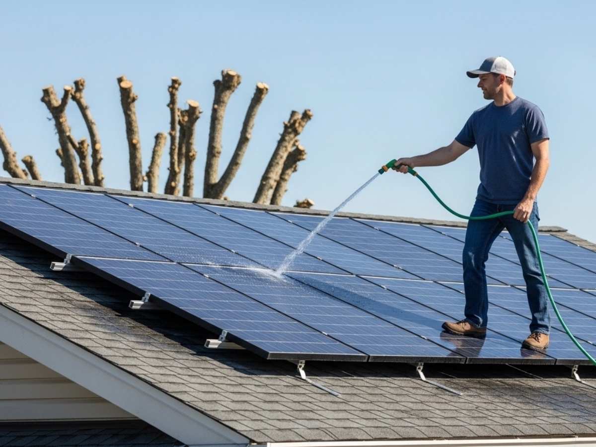Homeowner cleaning rooftop solar panels to maintain roof and system longevity.