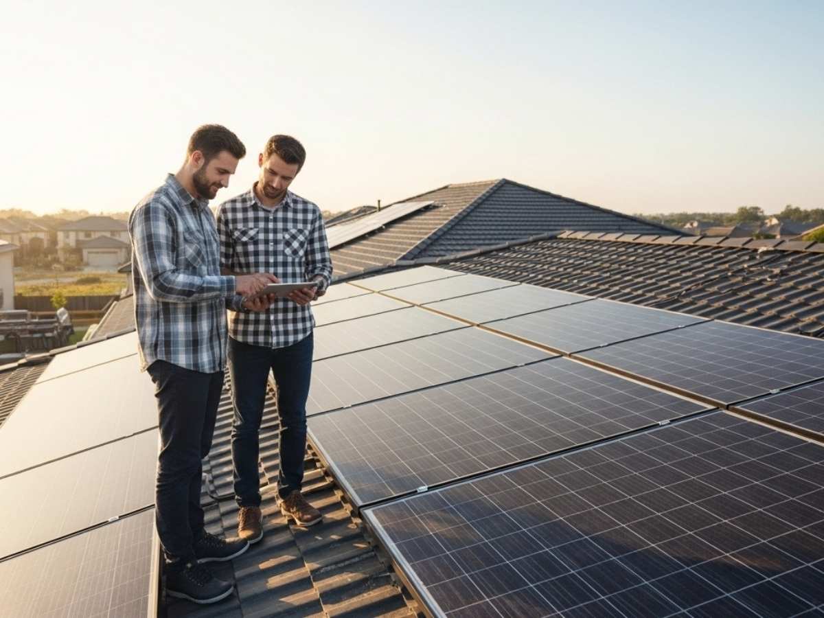 Roofing professional and homeowner reviewing solar-ready roof with newly installed solar panels.