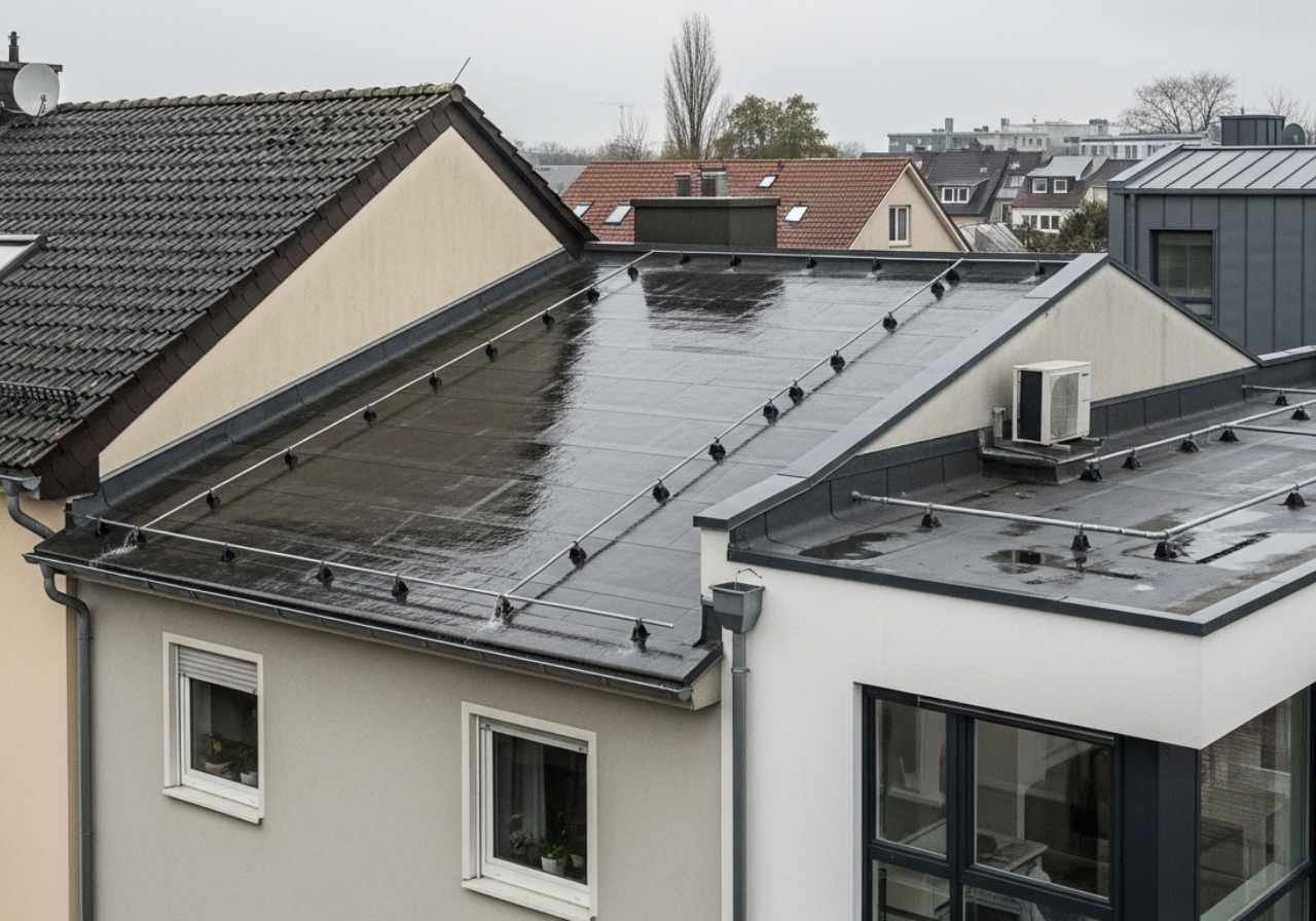Different types of roof drainage systems on various building styles under clear daylight.