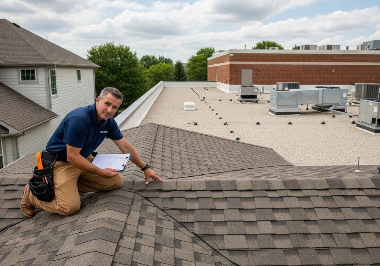 Roof inspector examining shingles on a well-maintained home and commercial building under clear skies.