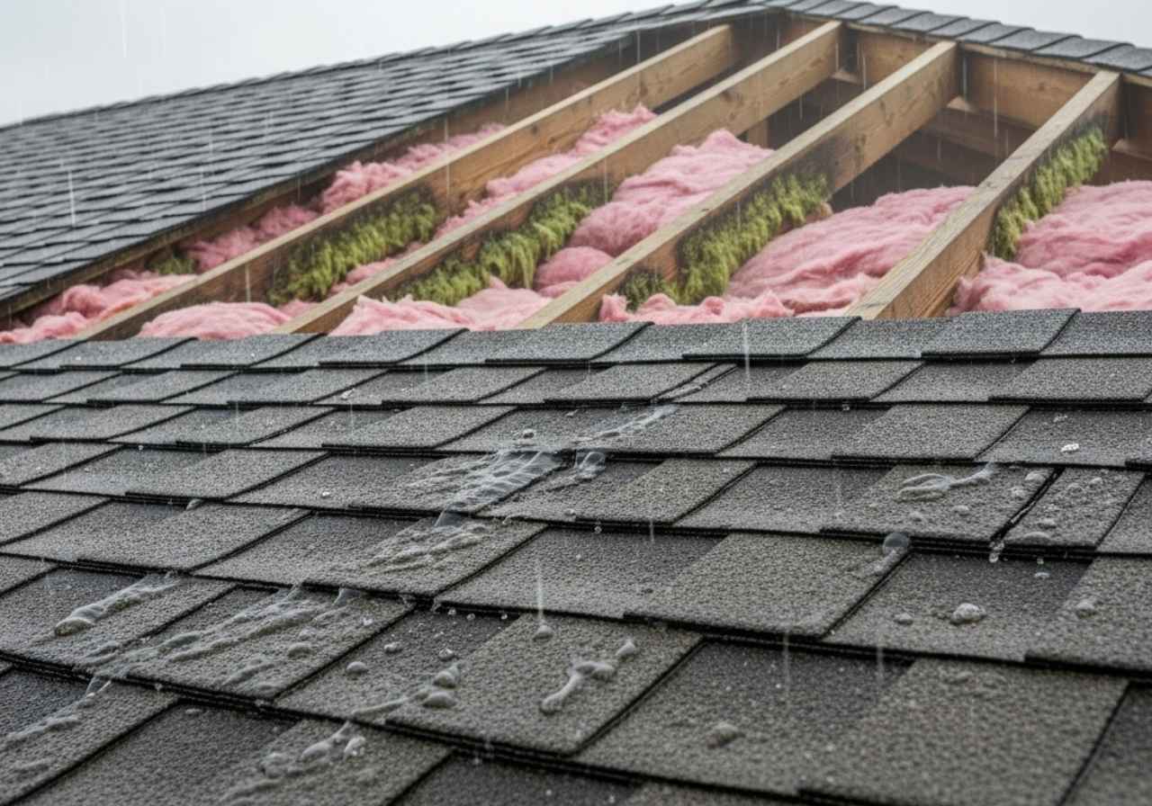 Rainwater seeping into a roof crack, revealing hidden structural moisture damage.