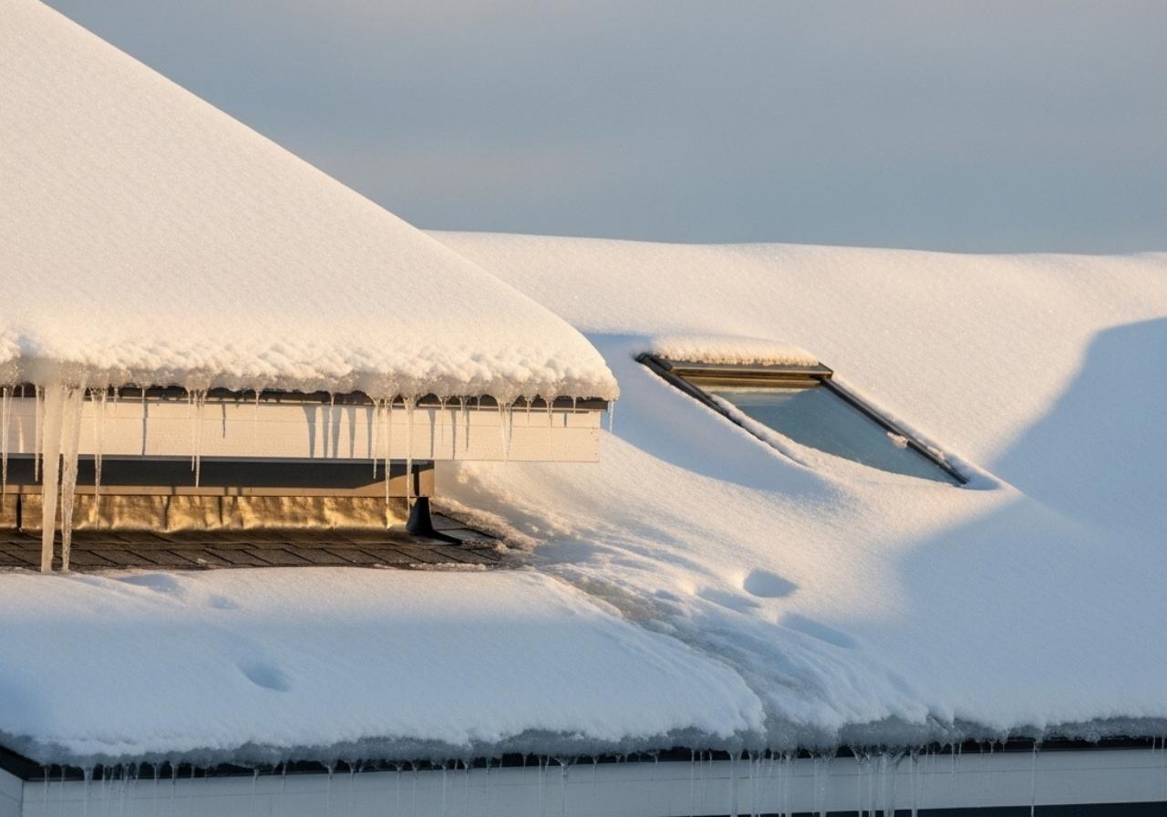 Snow-covered roof with icicles and a skylight affected by freeze-thaw winter conditions.