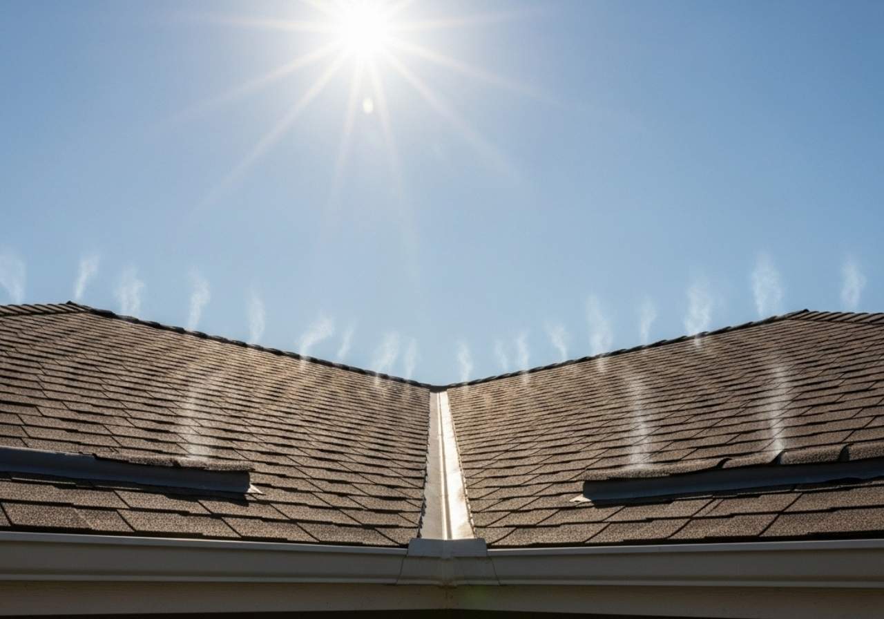Sunlight and heat damaging a rooftop under intense summer conditions.