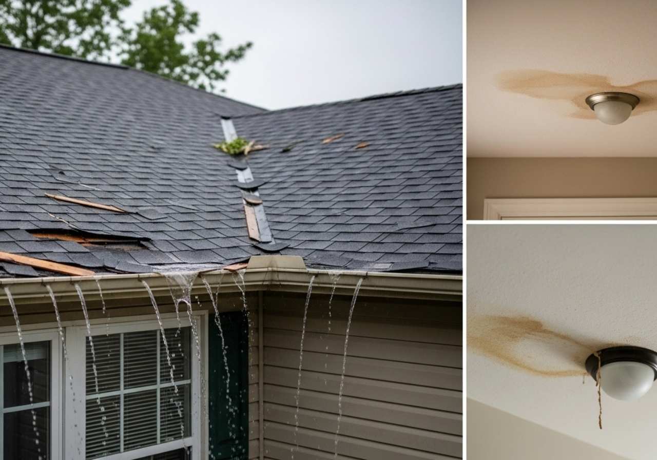 Suburban home showing roof and gutter damage after a storm with lingering grey skies.