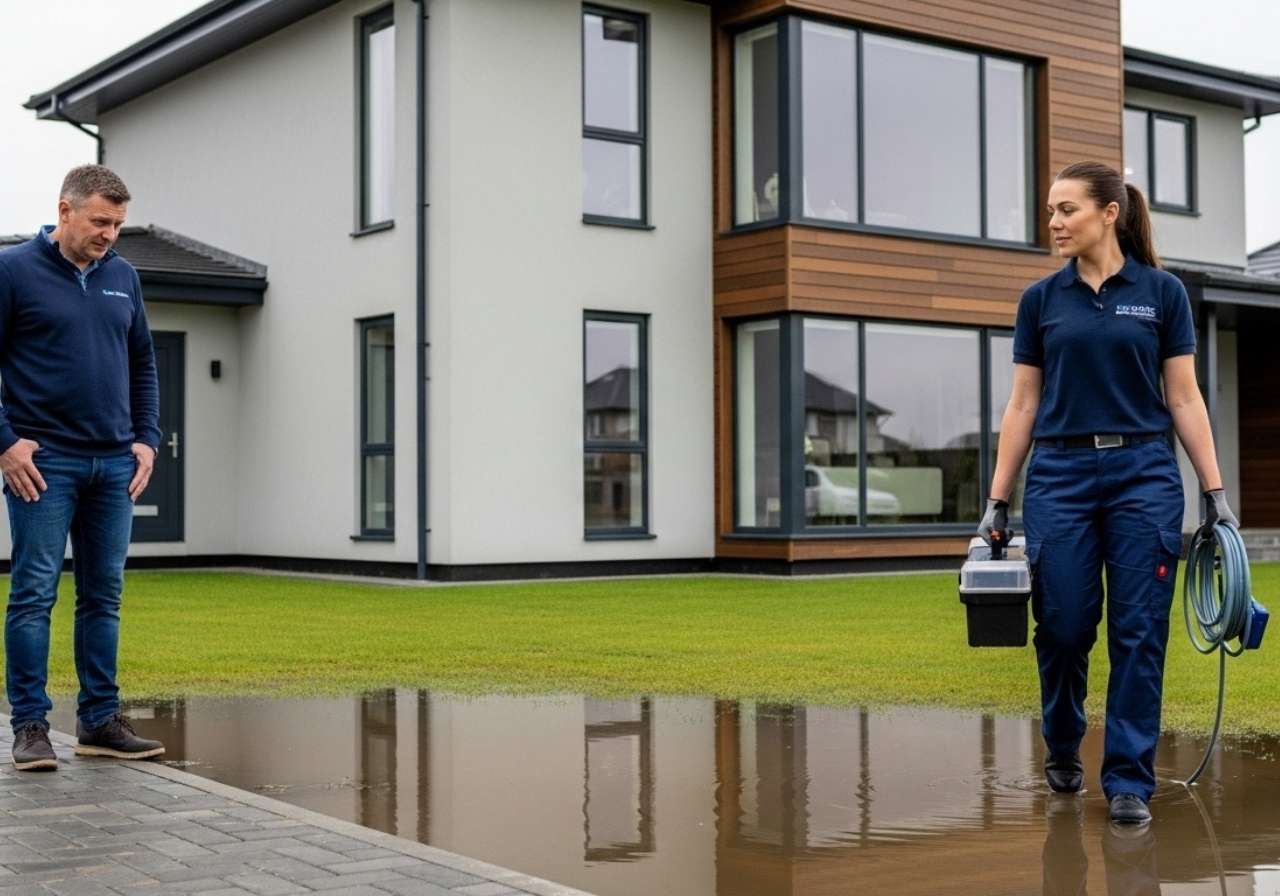 A plumber arrives at a home to address visible drainage issues as the homeowner looks on.