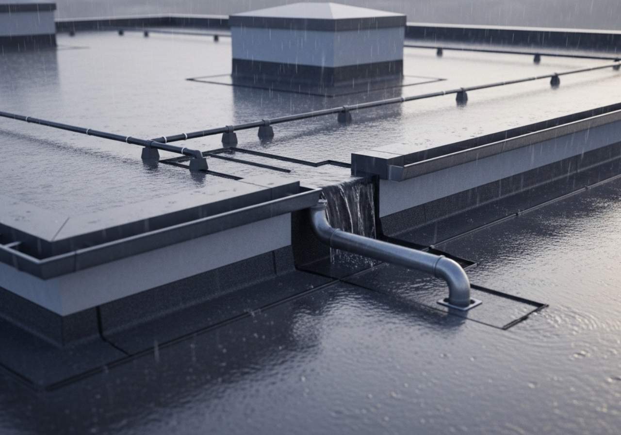 Commercial rooftop with a functioning drainage system redirecting rainwater efficiently to prevent water damage.