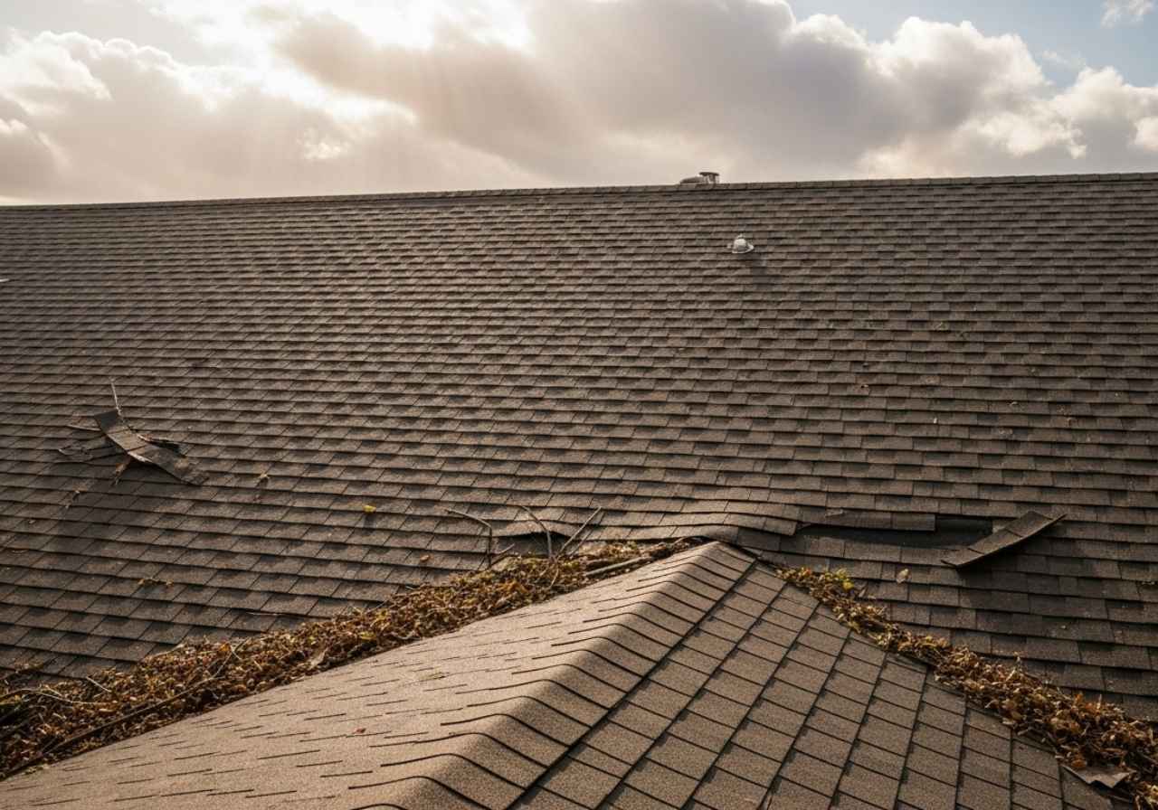 Suburban roof showing subtle wind damage after a storm, with lifted shingles and concerned homeowner below.