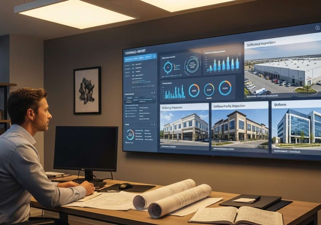 Commercial property manager overseeing consistent roofing inspections across multiple locations using centralized planning tools.