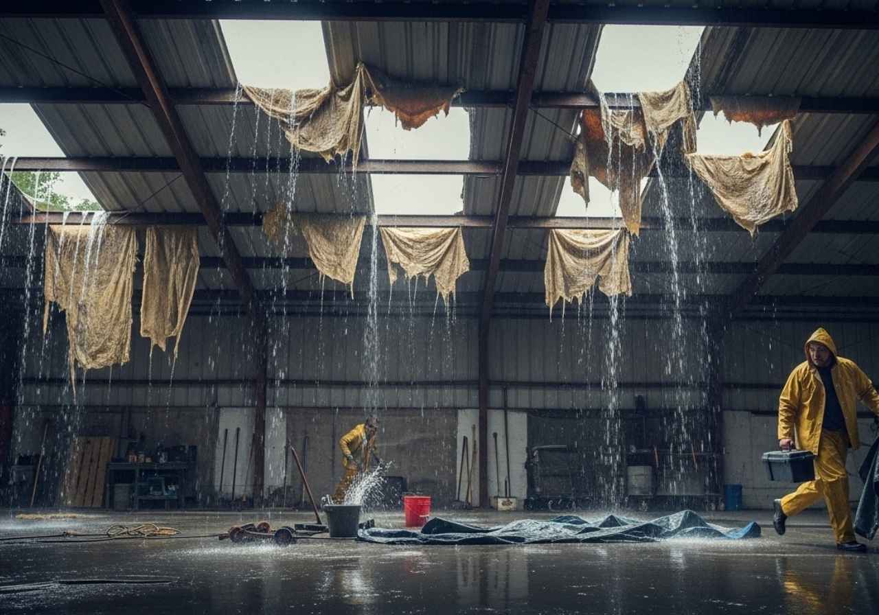 Leaking industrial roof with structural damage and emergency maintenance in progress.