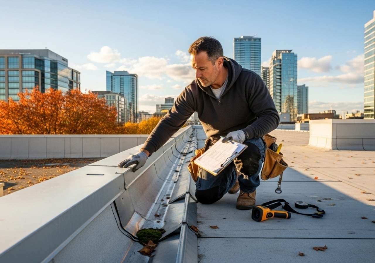 Commercial roof inspection in progress during seasonal maintenance check.