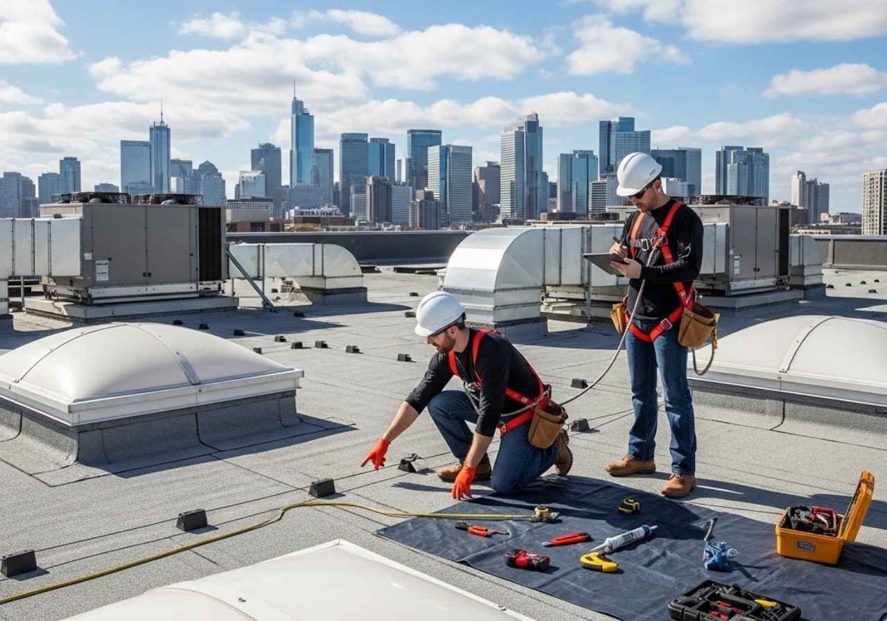 Commercial roof inspection in progress, showcasing proactive maintenance to protect business assets.