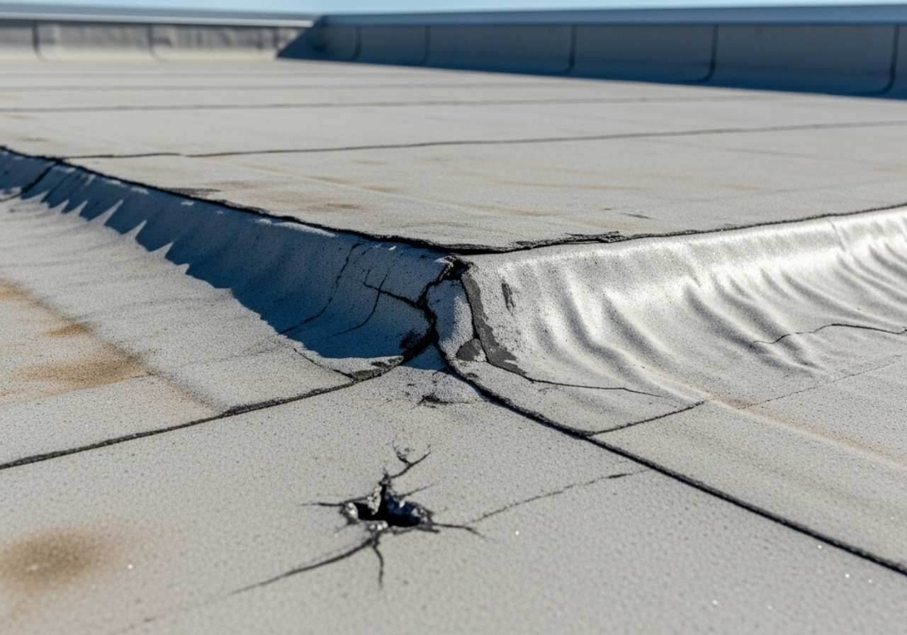 Worn single-ply commercial roof showing seam failure, UV damage, and punctures from foot traffic.