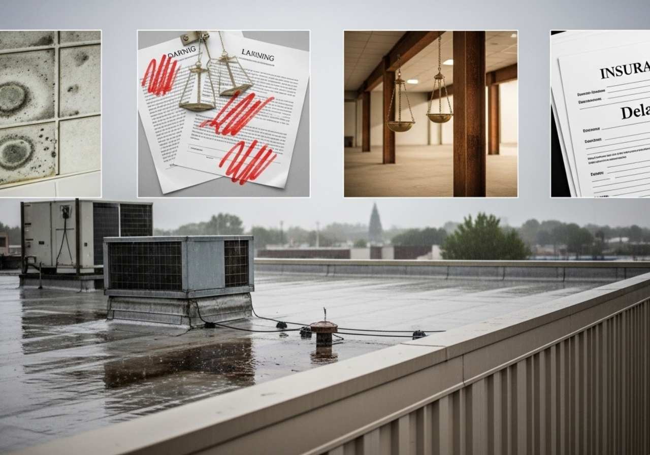 Neglected roof showing early damage signs, hinting at future costly repairs and legal issues.