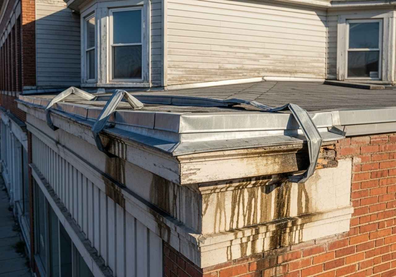 Visible roof damage on a commercial building seen from ground level.