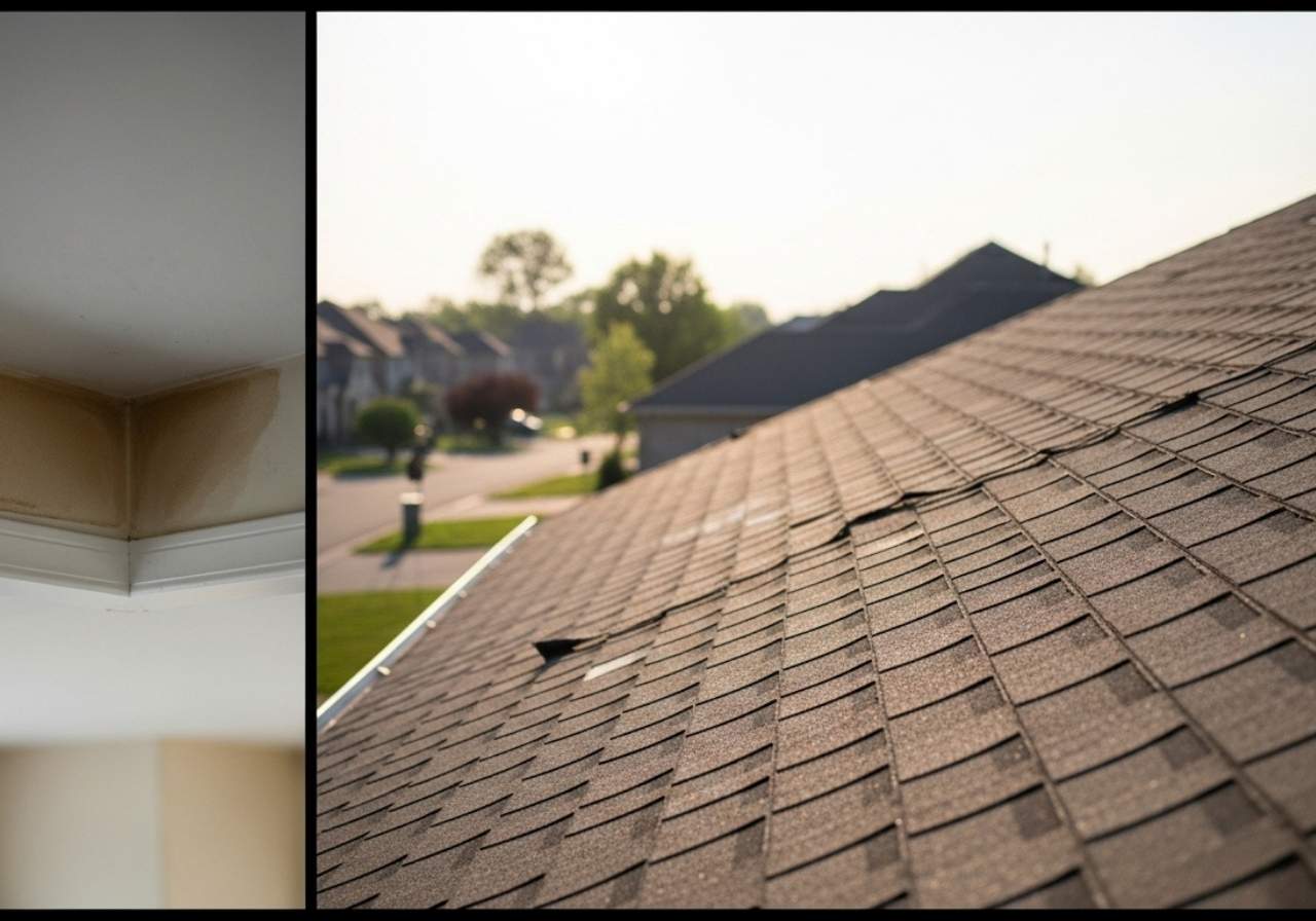Subtle signs of hidden roof damage on a home, including warped shingles and minor interior water stains.