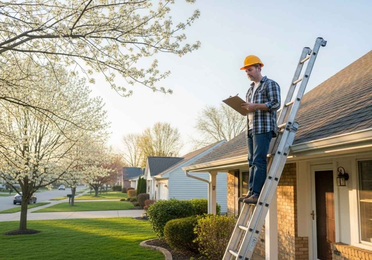 Homeowner performing routine spring roof inspection in a quiet suburban neighborhood.
