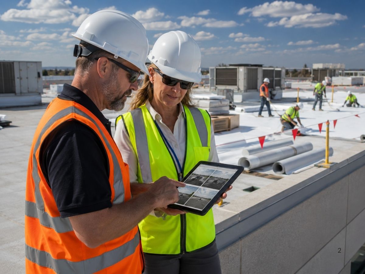 Property manager and commercial roofing contractor reviewing safety, project documentation, and roof conditions during a professional inspection.