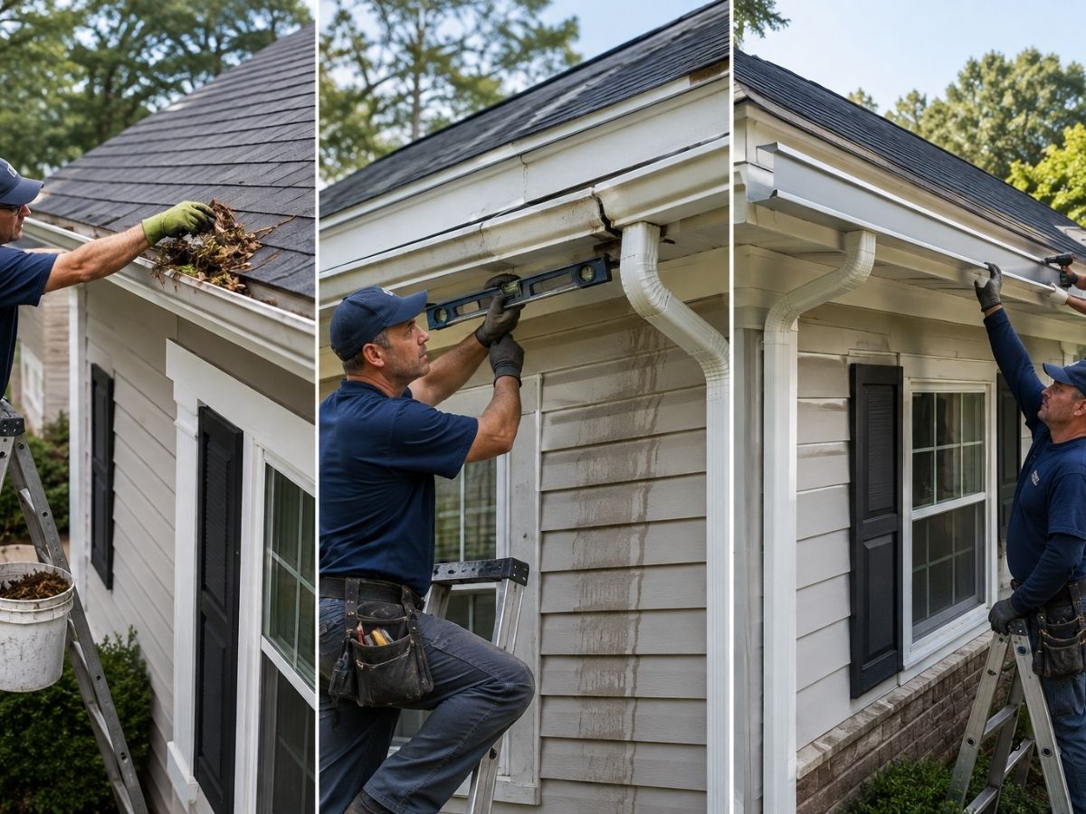 Comparison of professional gutter cleaning, minor gutter repair, and full seamless gutter replacement on a home.