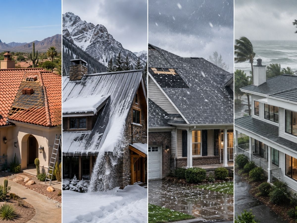 Residential roofing materials performing in heat, snow, hail, and high-wind climates with proper installation.