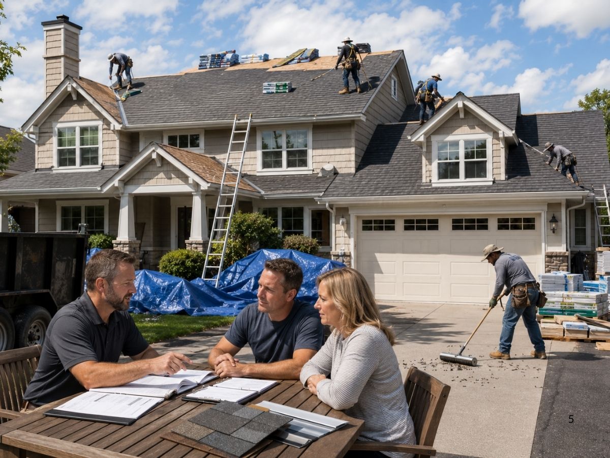 Professional roofing crew replacing a suburban roof while protecting the property and communicating with homeowners.