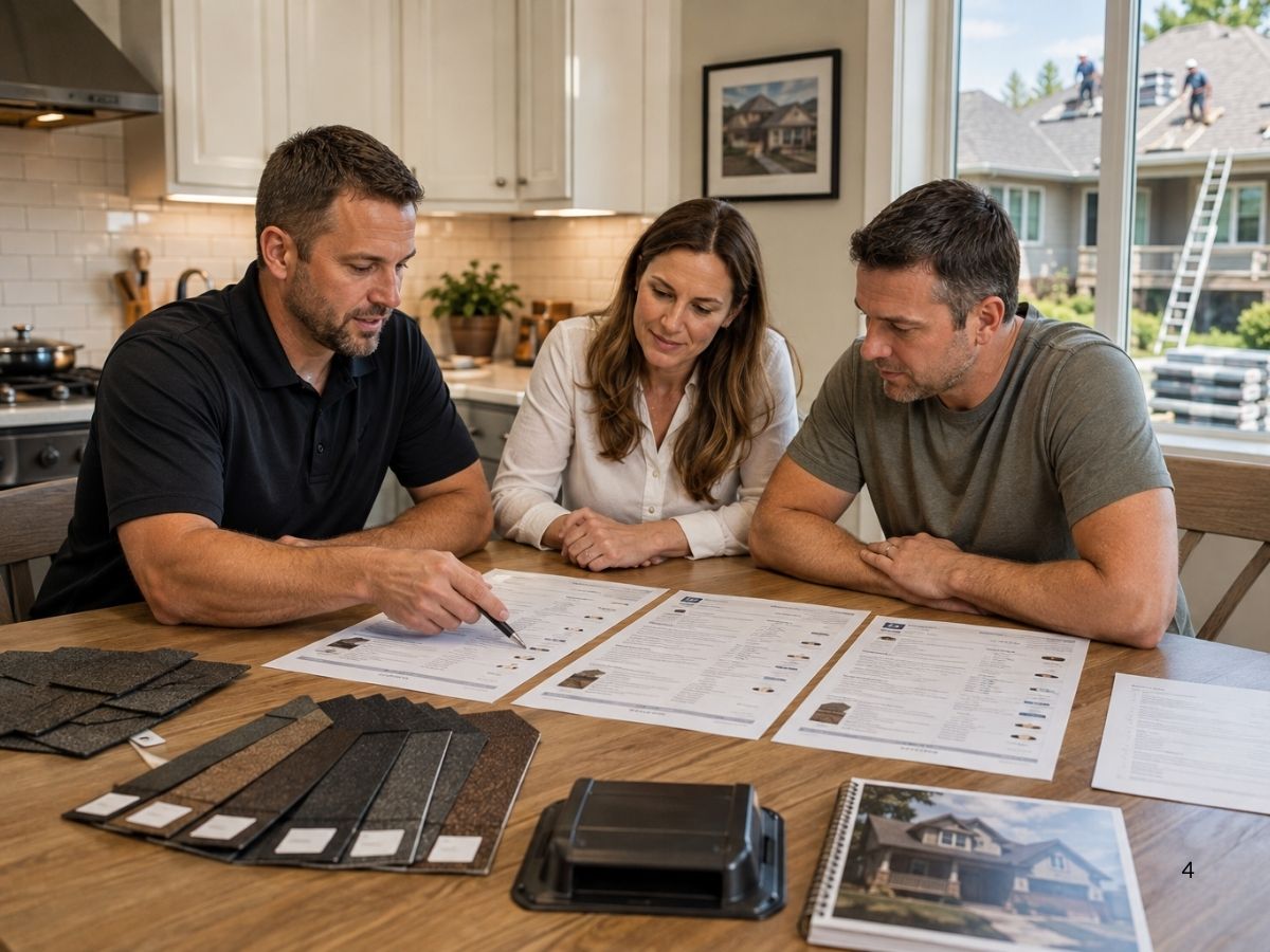 Homeowners comparing detailed roofing estimates, project scope, materials, and long-term value with a contractor.