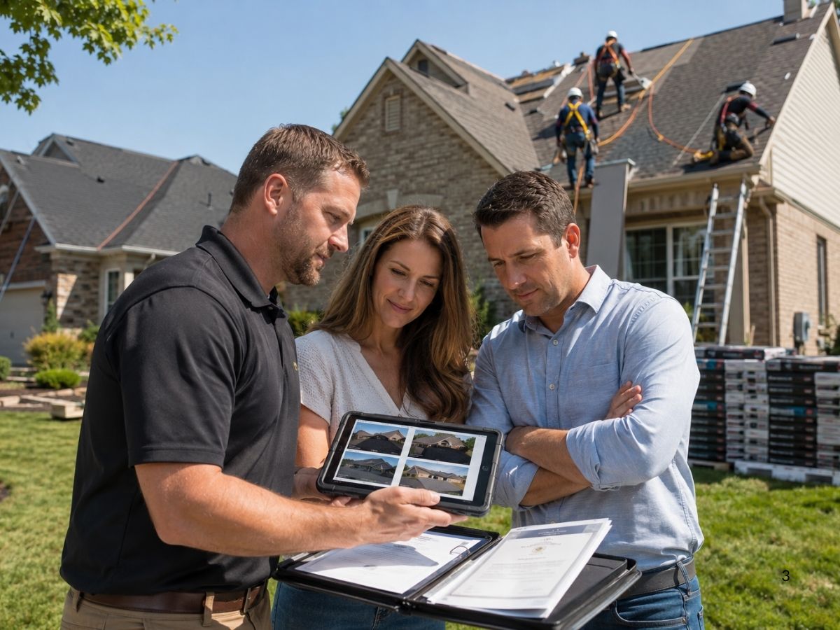 Homeowners reviewing roofing certifications and completed local projects with an experienced residential roofing contractor.