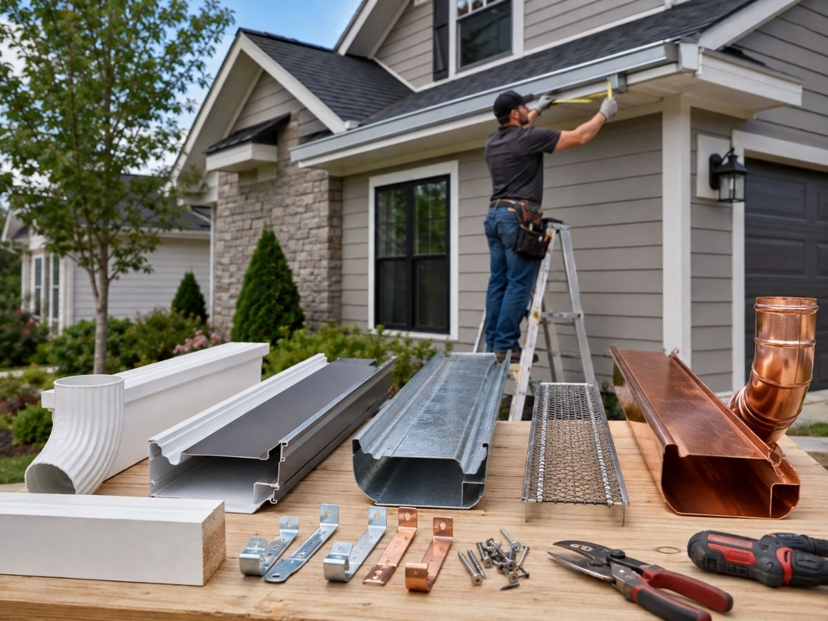 Comparison of vinyl, aluminum, galvanized steel, and copper gutters with professional installation components.