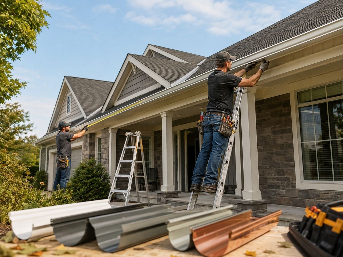 Professional contractors installing gutters on a residential home with different gutter materials displayed nearby.