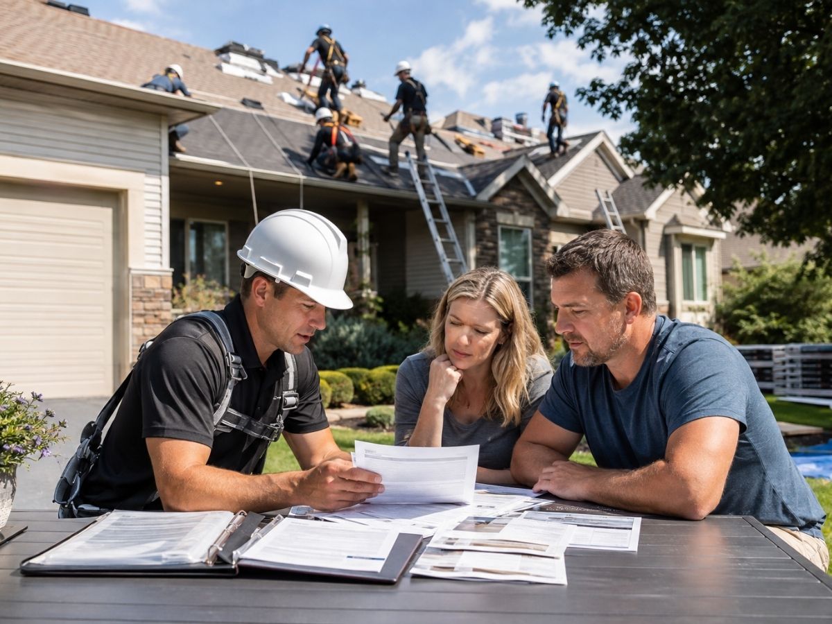 Homeowners reviewing a roofing estimate and project details with a professional residential roofing contractor.