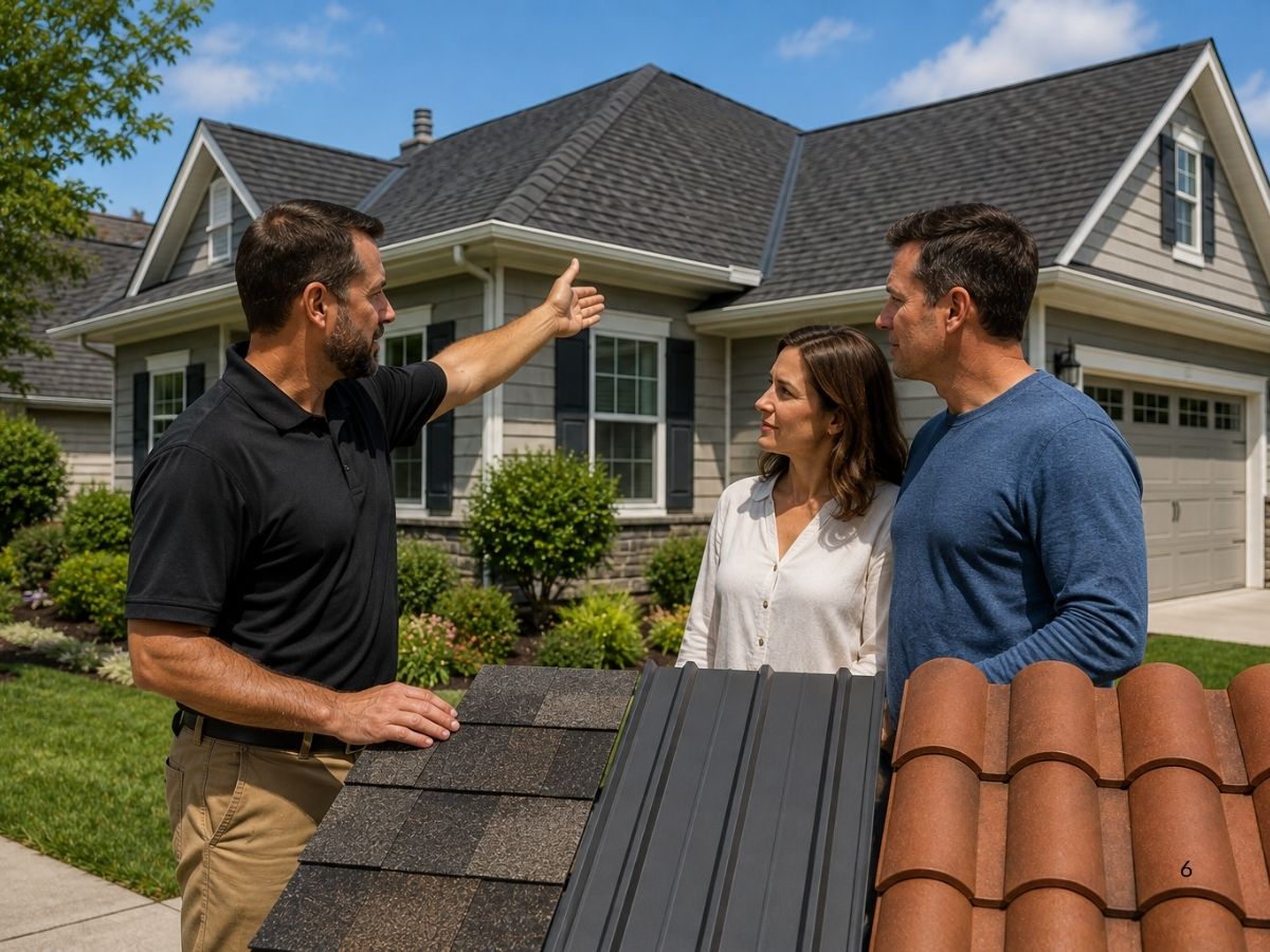 Homeowners comparing shingle, metal, and tile roofing options with a professional roofing contractor.