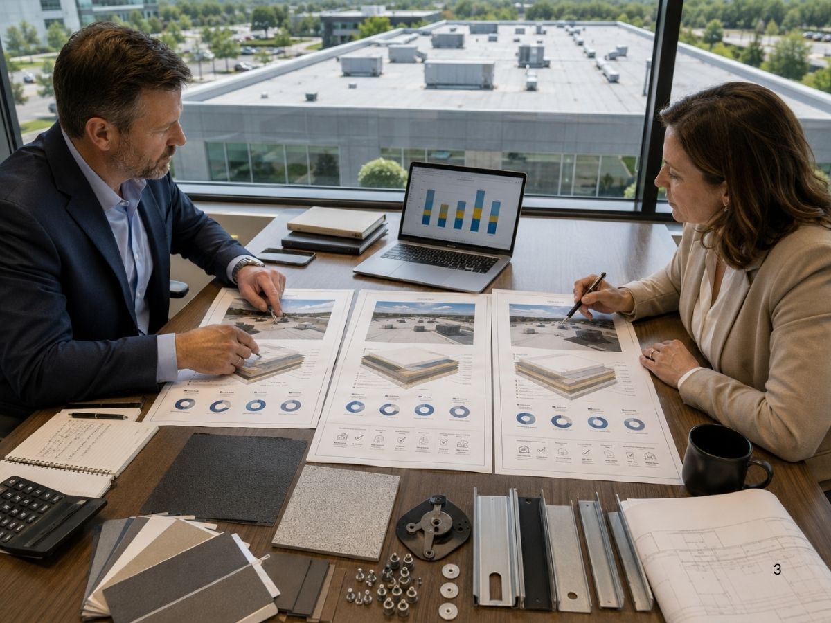 Commercial property professionals comparing roofing bids, materials, warranties, project scope, and lifecycle costs.