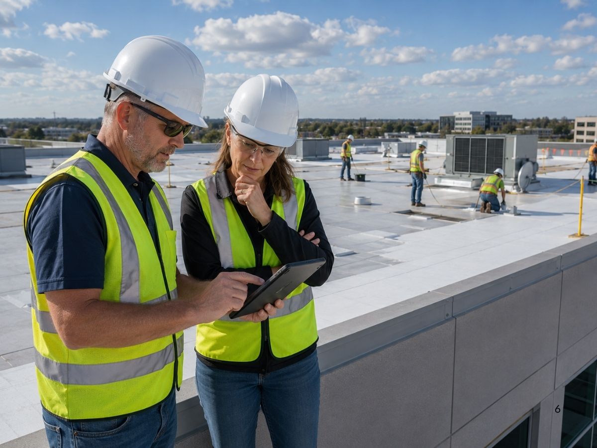 Commercial property manager and qualified roofing contractor reviewing inspection findings and long-term roof maintenance plans.