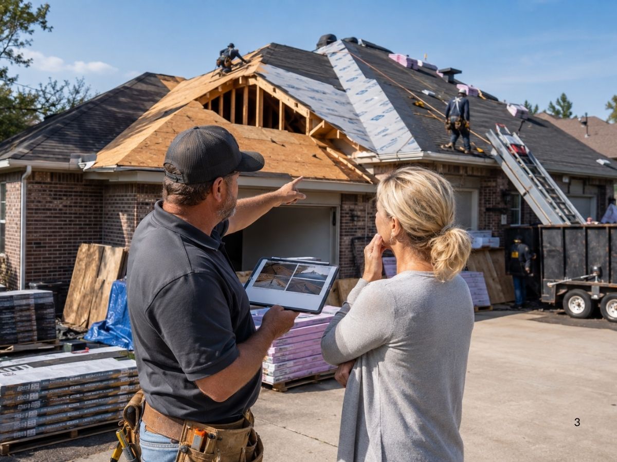 Roofing contractor reviewing an estimate as crews address decking repairs, upgrades, materials, and other roof replacement cost factors.