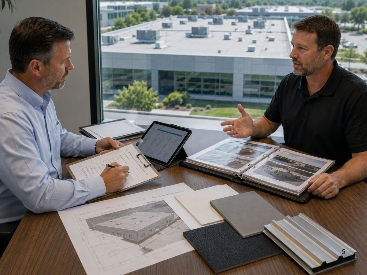 Commercial property manager using a contractor evaluation checklist during a roofing contract meeting.