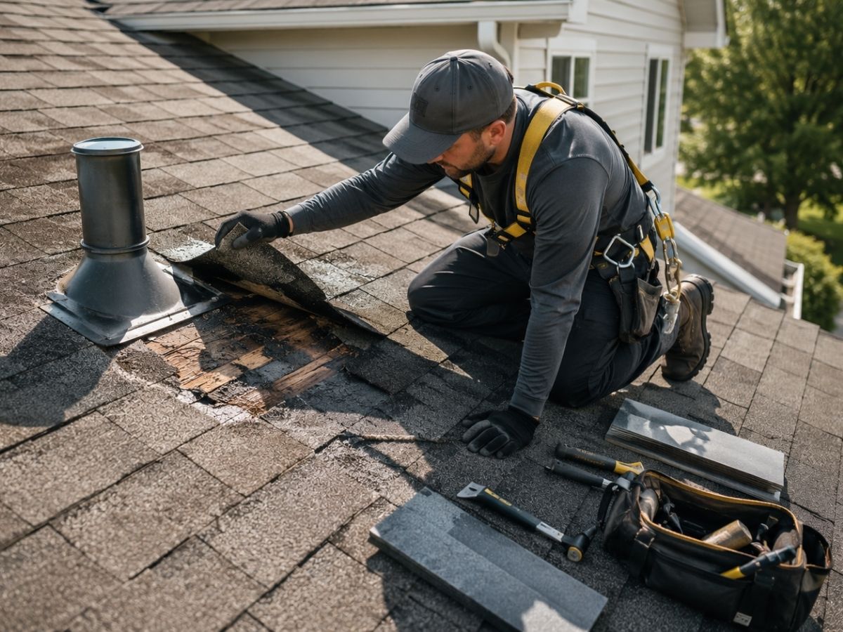 Professional roofer repairing a residential roof leak and damaged shingles in 2026.