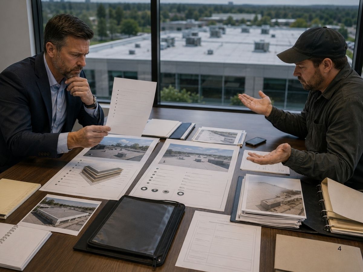 Commercial property manager identifying red flags in a roofing contractor’s incomplete proposal and missing safety documentation.